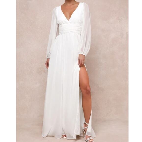 Lulus Bridal NWOT Enchant My Love White V-Neck Sheer Long Sleeve Maxi Dress XXL - Picture 2 of 12